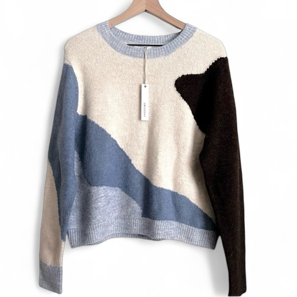 CRESCENT Crewneck Sweater Pullover Color Block Geometric Blue Cedar NWT S - Picture 1 of 7